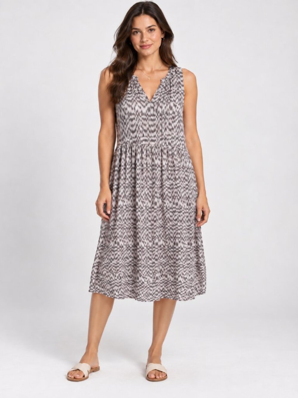 Universal Thread Gray White Linen Blend Sleeveless V-Neck Midi Dress Boho